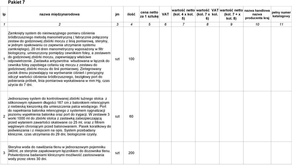 z linią pomiarową, sterylny, w jednym opakowaniu co zapewnia utrzymanie systemu zamkniętego), 20 ml dren manometryczny wyposażony w filtr biologiczny, umieszczony pomiędzy cewnikiem foley, a zestawem