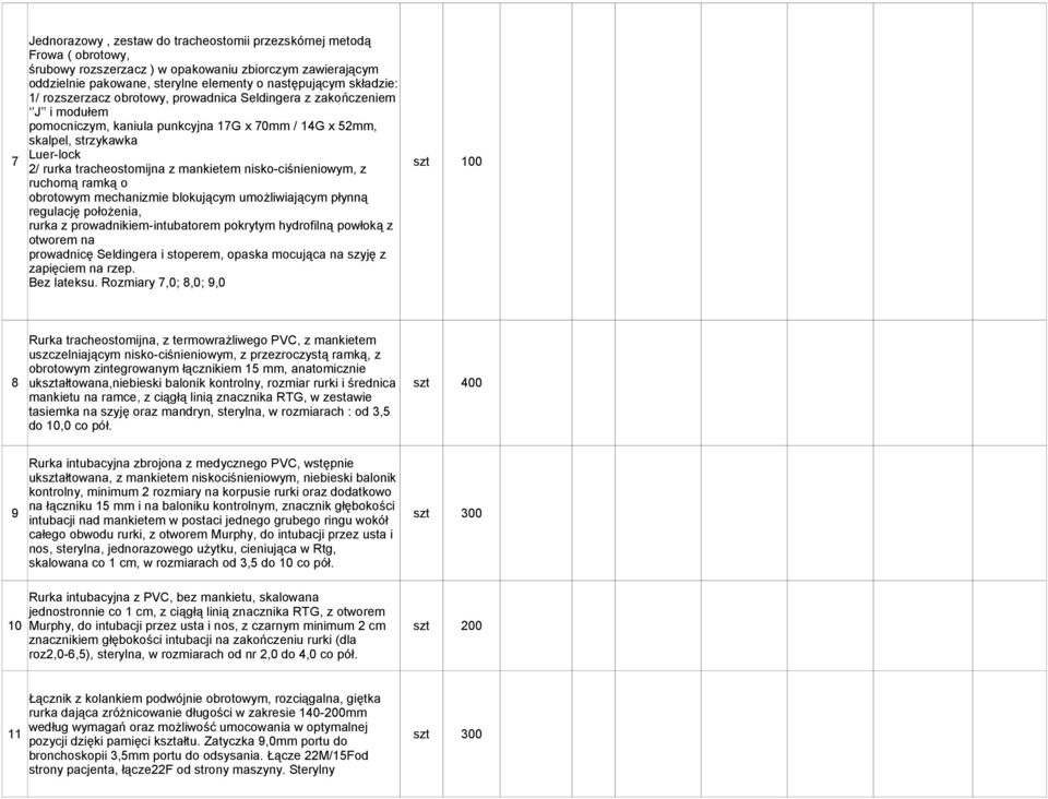 nisko-ciśnieniowym, z szt 100 ruchomą ramką o obrotowym mechanizmie blokującym umożliwiającym płynną regulację położenia, rurka z prowadnikiem-intubatorem pokrytym hydrofilną powłoką z otworem na