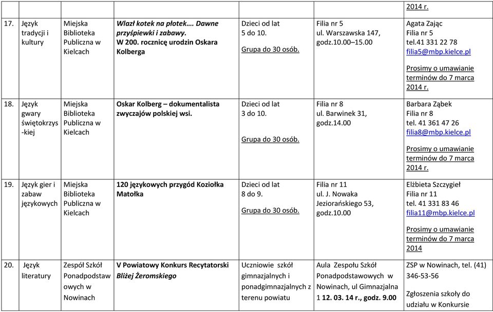 00 Barbara Ząbek Filia nr 8 tel. 41 361 47 26 filia8@mbp.kielce.pl 19. Język gier i zabaw językowych 120 językowych przygód Koziołka Matołka 8 do 9. Filia nr 11 ul. J. Nowaka Jeziorańskiego 53, godz.