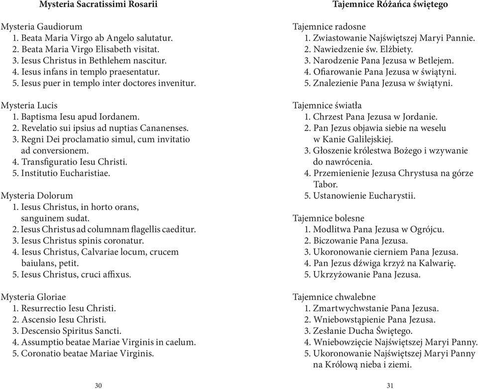 Regni Dei proclamatio simul, cum invitatio ad conversionem. 4. Transfiguratio Iesu Christi. 5. Institutio Eucharistiae. Mysteria Dolorum 1. Iesus Christus, in horto orans, sanguinem sudat. 2.