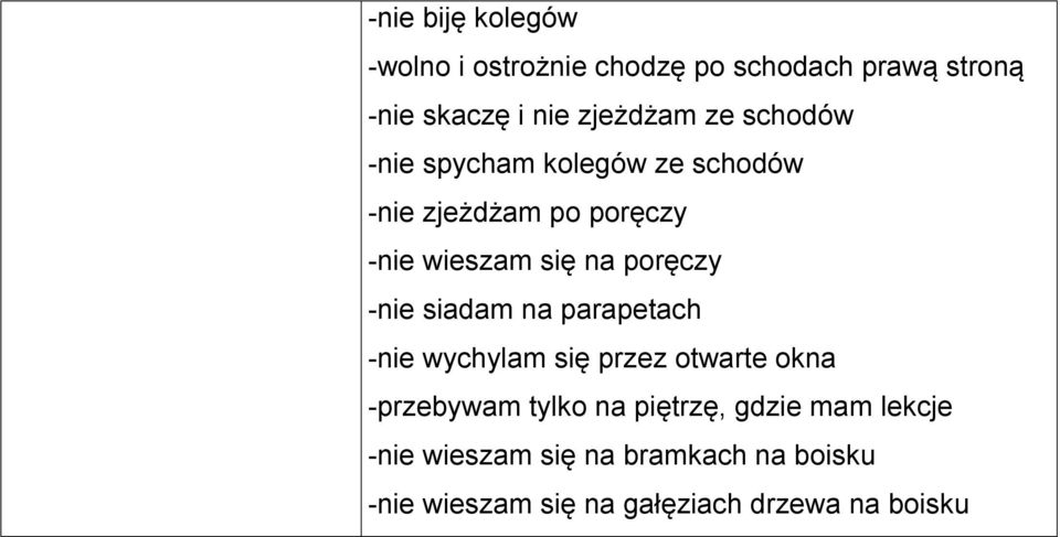 -nie siadam na parapetach -nie wychylam się przez otwarte okna -przebywam tylko na piętrzę,