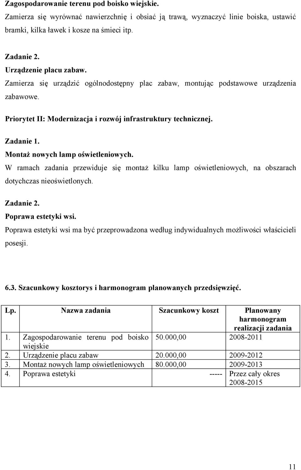 Montaż nowych lamp oświetleniowych. W ramach zadania przewiduje się montaż kilku lamp oświetleniowych, na obszarach dotychczas nieoświetlonych. Zadanie 2. Poprawa estetyki wsi.