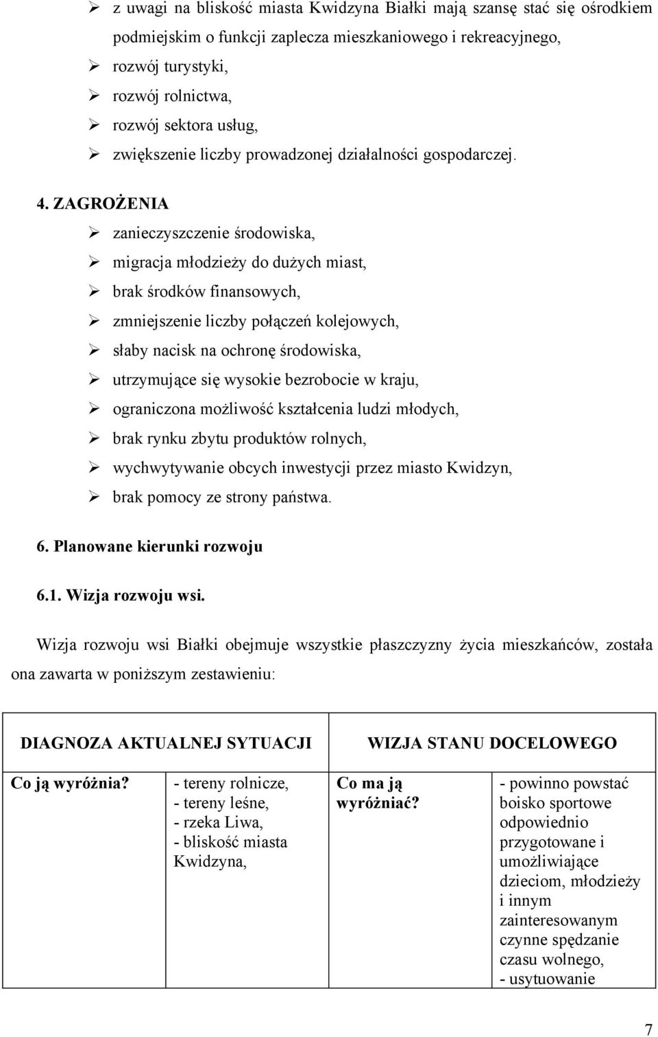 ZAGROŻENIA zanieczyszczenie środowiska, migracja młodzieży do dużych miast, brak środków finansowych, zmniejszenie liczby połączeń kolejowych, słaby nacisk na ochronę środowiska, utrzymujące się