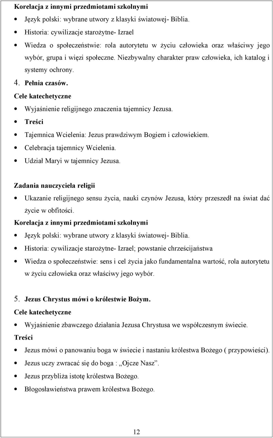 Niezbywalny charakter praw człowieka, ich katalog i systemy ochrony. 4. Pełnia czasów. Wyjaśnienie religijnego znaczenia tajemnicy Jezusa. Tajemnica Wcielenia: Jezus prawdziwym Bogiem i człowiekiem.