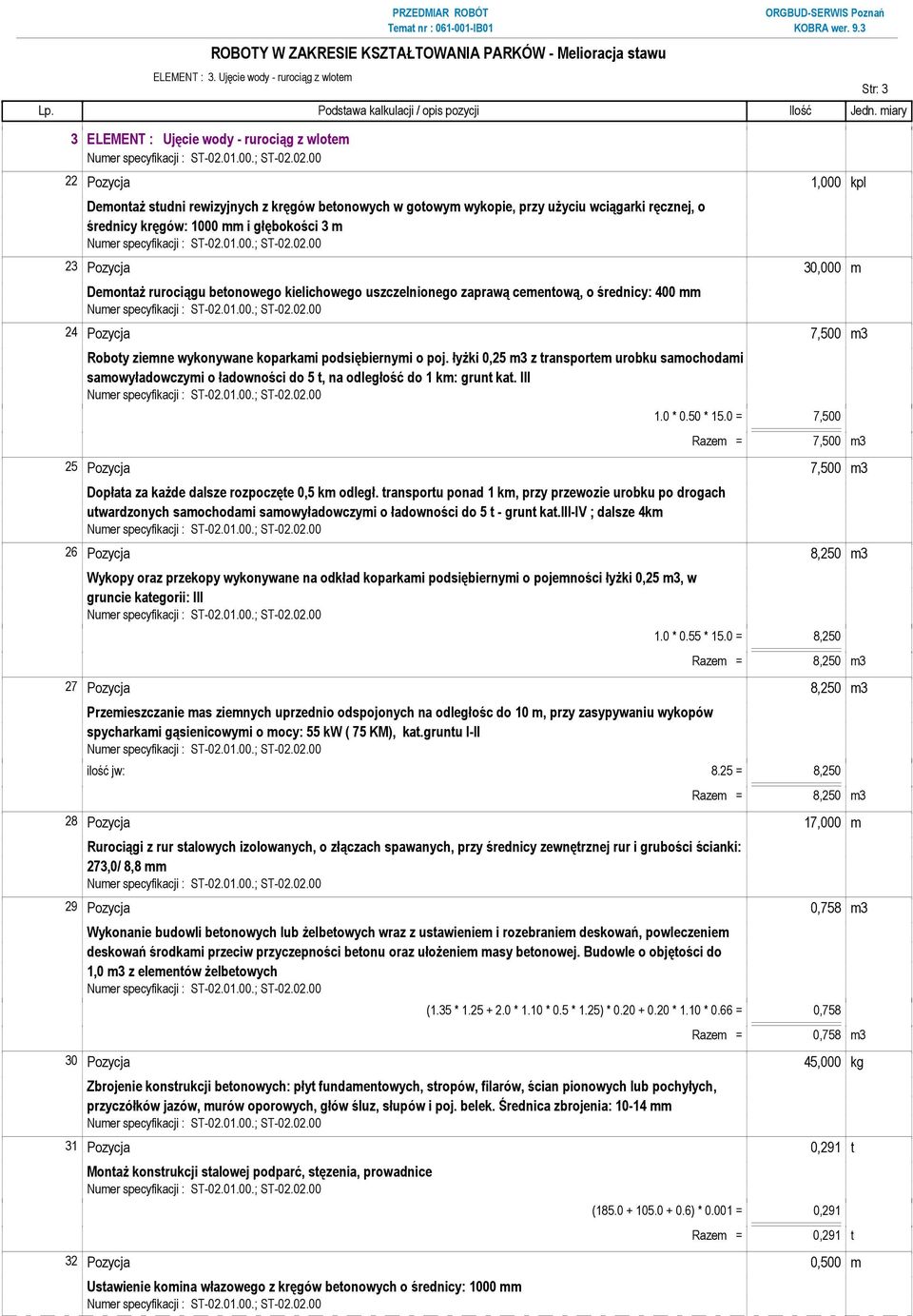 średnicy kręgów: 1000 mm i głębokości 3 m 23 Pozycja 30,000 m DemontaŜ rurociągu betonowego kielichowego uszczelnionego zaprawą cementową, o średnicy: 400 mm 24 Pozycja 7,500 m3 Roboty ziemne