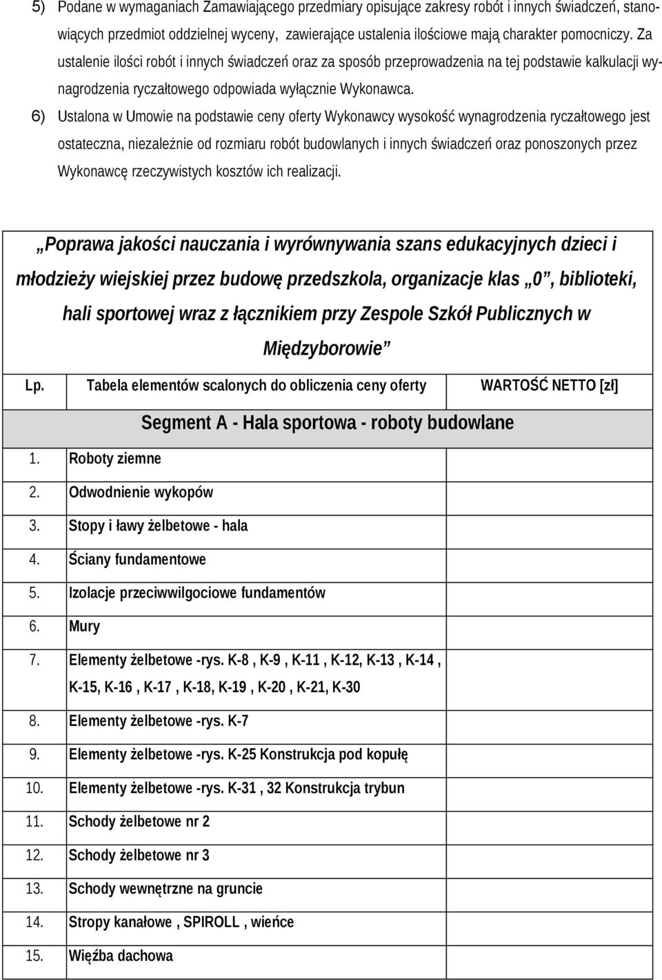 6) Ustalona w Umowie na podstawie ceny oferty Wykonawcy wysokość wynagrodzenia ryczałtowego jest ostateczna, niezależnie od rozmiaru robót budowlanych i innych świadczeń oraz ponoszonych przez