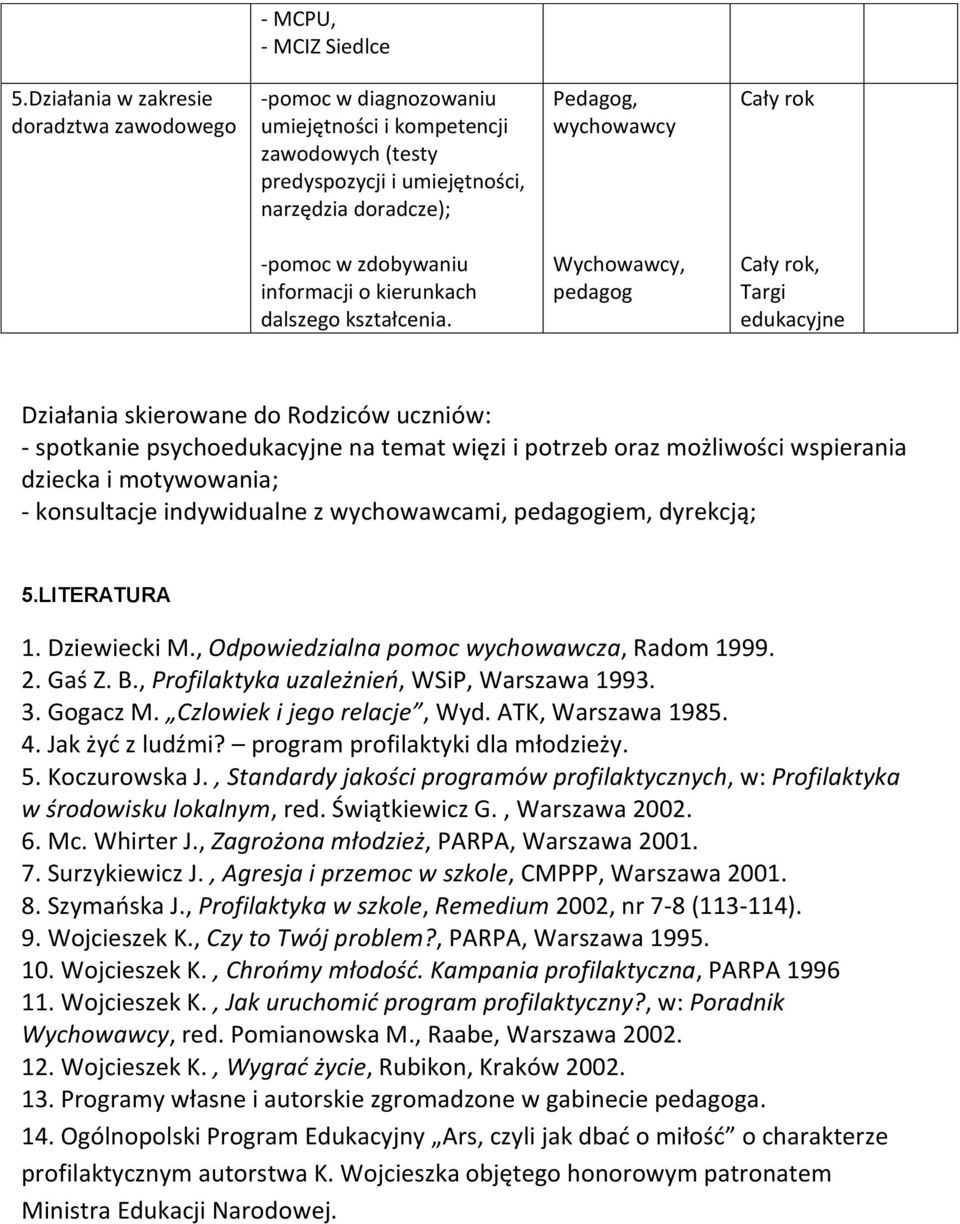 kierunkach dalszego kształcenia.