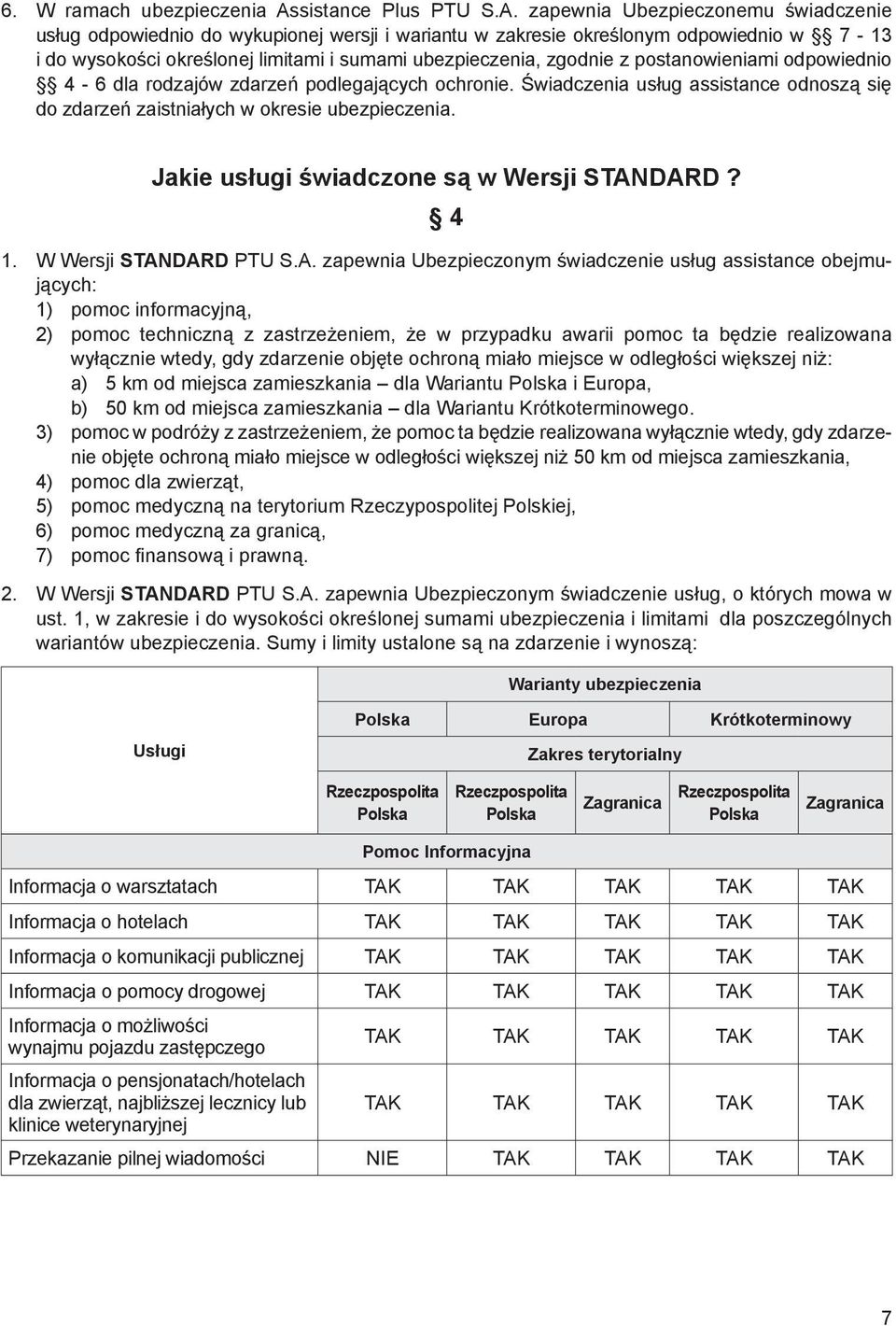 zapewnia Ubezpieczonemu świadczenie usług odpowiednio do wykupionej wersji i wariantu w zakresie określonym odpowiednio w 7-13 i do wysokości określonej limitami i sumami ubezpieczenia, zgodnie z