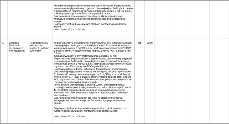 Kolorystyka wybrana zostanie przez Zamawiającego po przedstawieniu wzorów. Regał oparty jest na 4 regulacyjnych stopkach montowanych do dolnego wieńca. 3.