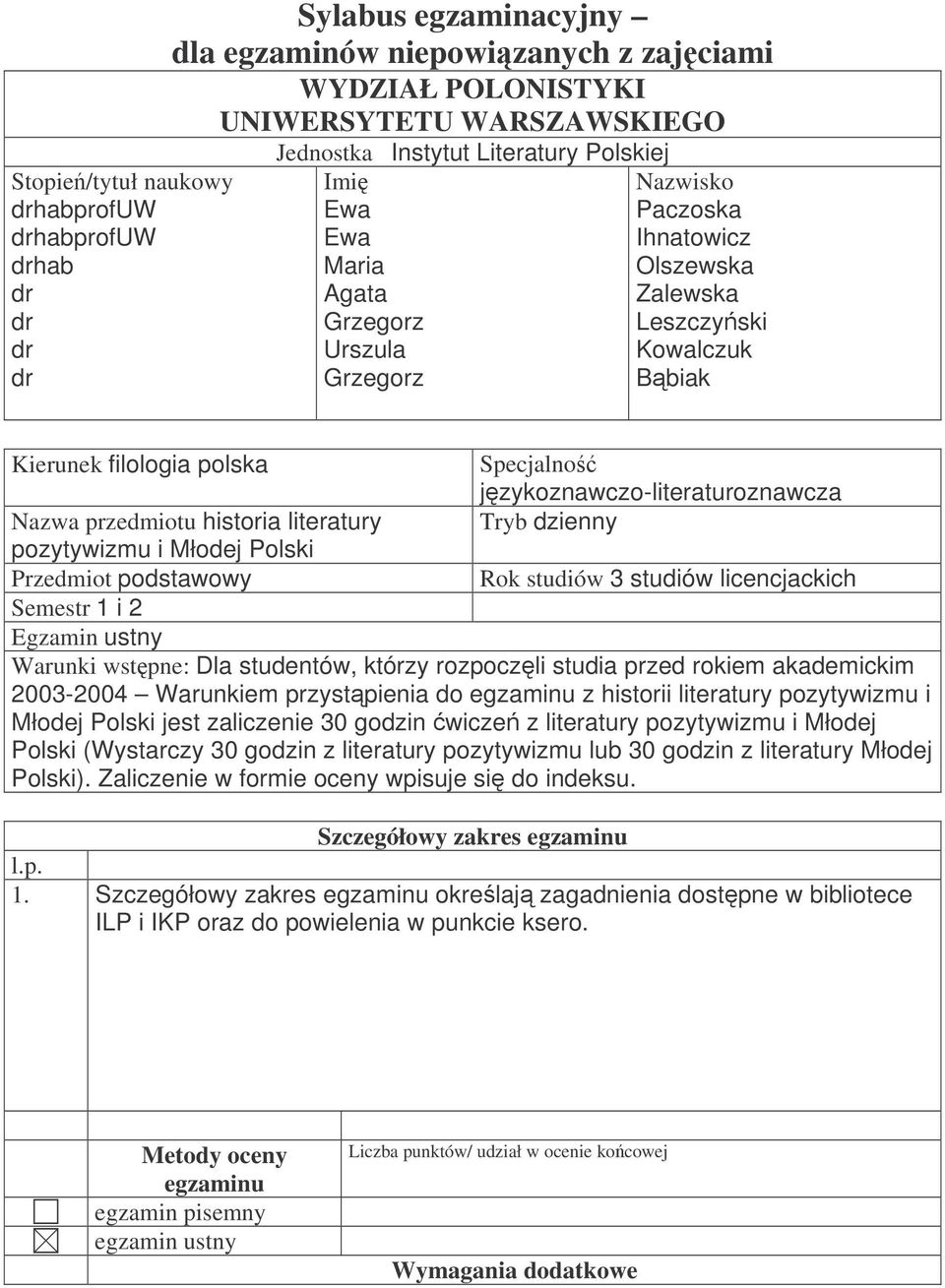 jzykoznawczo-literaturoznawcza Nazwa przedmiotu historia literatury Tryb dzienny pozytywizmu i Młodej Polski Przedmiot podstawowy Rok studiów 3 studiów licencjackich Semestr 1 i 2 Egzamin ustny