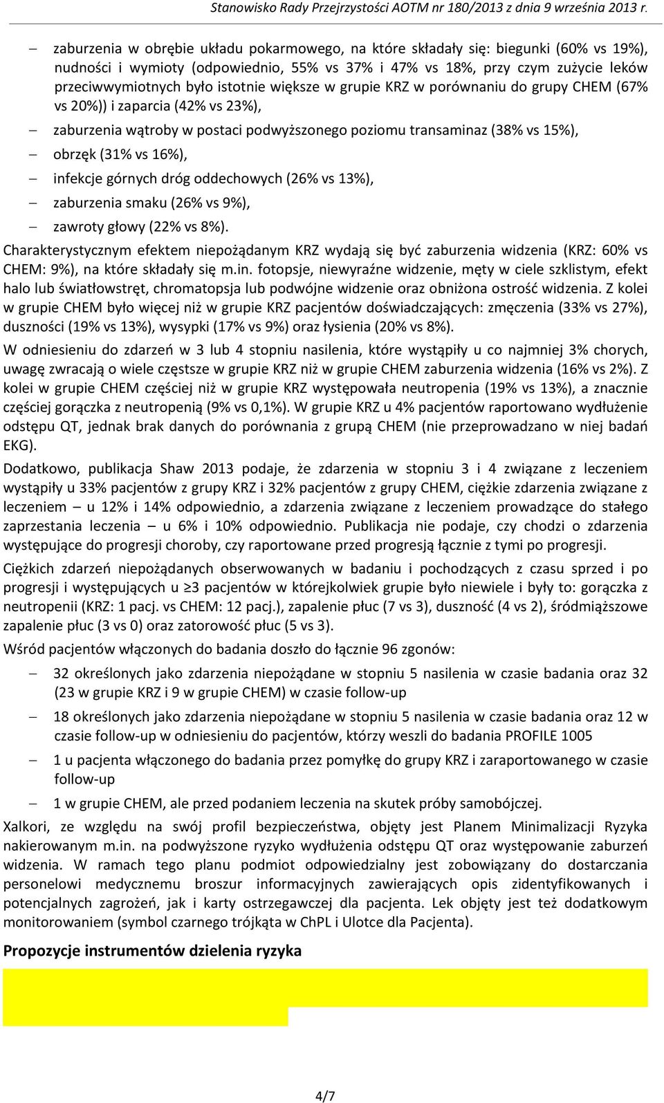 istotnie większe w grupie KRZ w porównaniu do grupy CHEM (67% vs 20%)) i zaparcia (42% vs 23%), zaburzenia wątroby w postaci podwyższonego poziomu transaminaz (38% vs 15%), obrzęk (31% vs 16%),