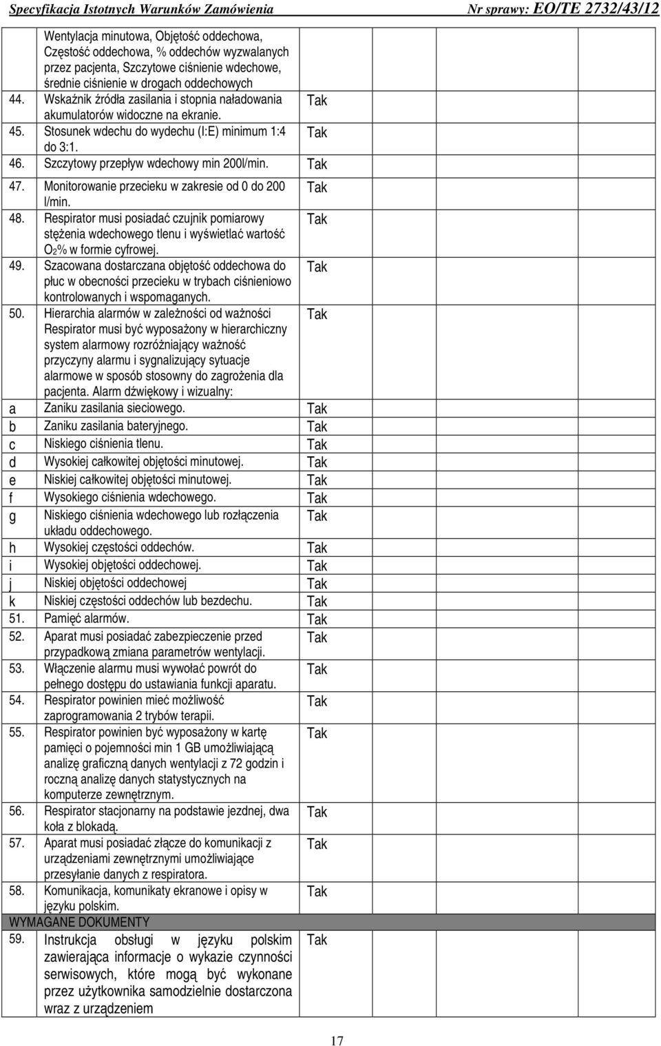 Monitorowanie przecieku w zakresie od 0 do 200 l/min. 48. Respirator musi posiadać czujnik pomiarowy stężenia wdechowego tlenu i wyświetlać wartość O2% w formie cyfrowej. 49.