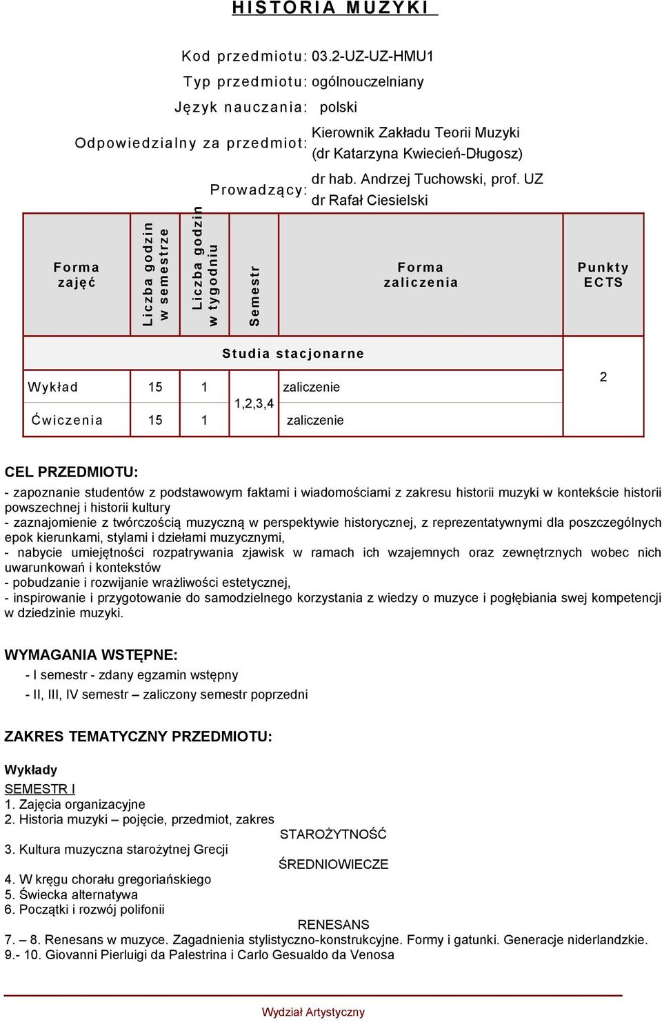 Zakładu Teorii Muzyki (dr Katarzyna Kwiecień-Długosz) dr hab. Andrzej Tuchowski, prof.