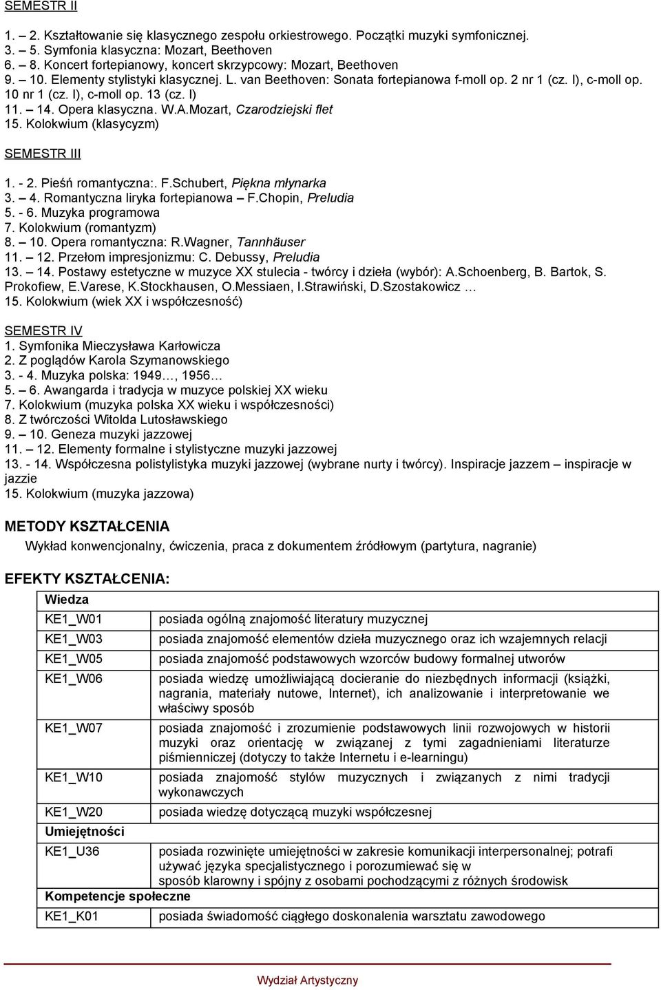 I), c-moll op. 13 (cz. I) 11. 14. Opera klasyczna. W.A.Mozart, Czarodziejski flet 15. Kolokwium (klasycyzm) SEMESTR III 1. - 2. Pieśń romantyczna:. F.Schubert, Piękna młynarka 3. 4.