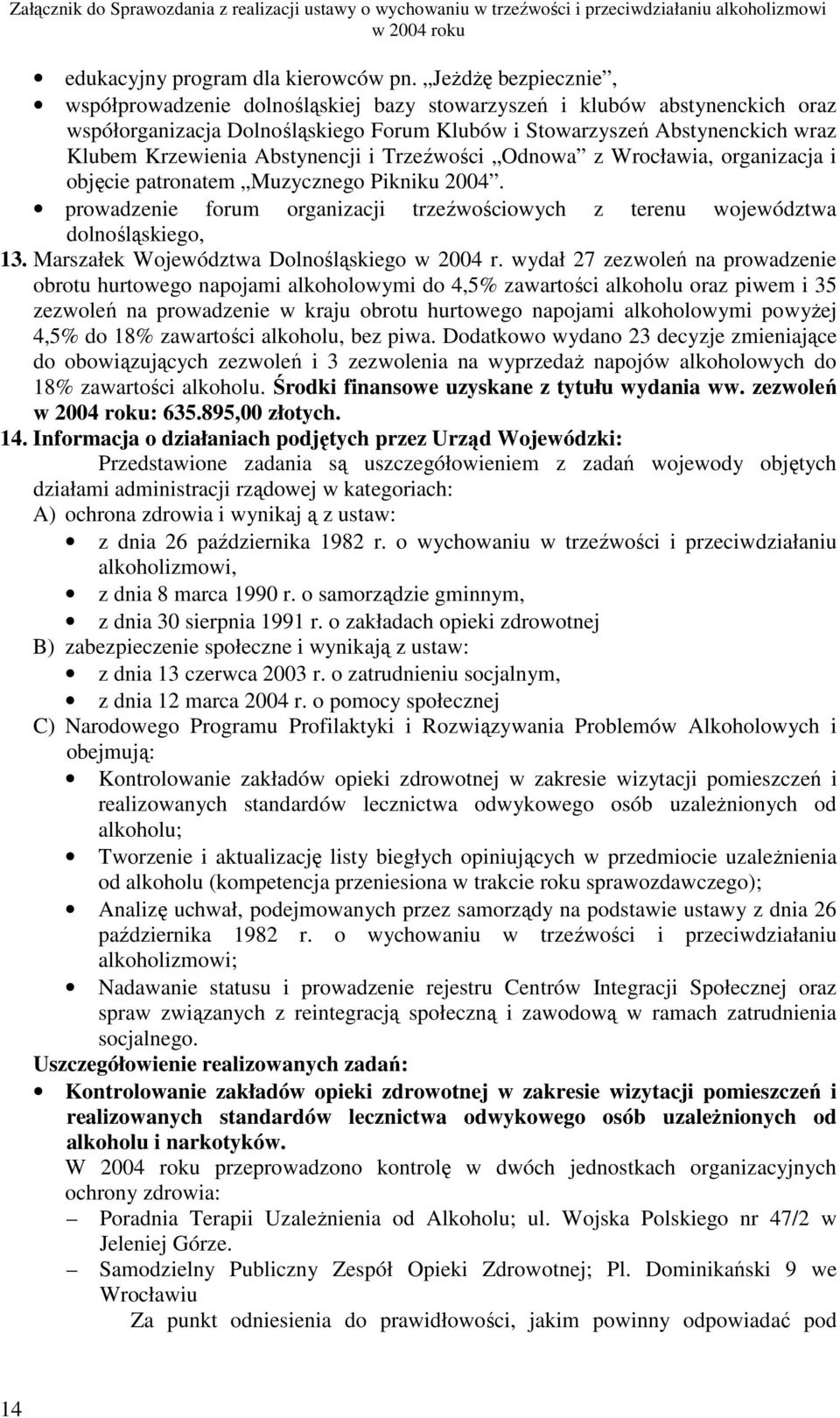 Abstynencji i Trzeźwości Odnowa z Wrocławia, organizacja i objęcie patronatem Muzycznego Pikniku 2004. prowadzenie forum organizacji trzeźwościowych z terenu województwa dolnośląskiego, 13.