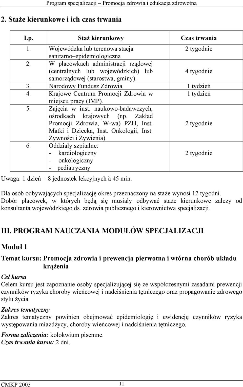 Krajowe Centrum Promocji Zdrowia w 1 tydzień miejscu pracy (IMP). 5. Zajęcia w inst. naukowo-badawczych, ośrodkach krajowych (np. Zakład Promocji Zdrowia, W-wa) PZH, Inst.