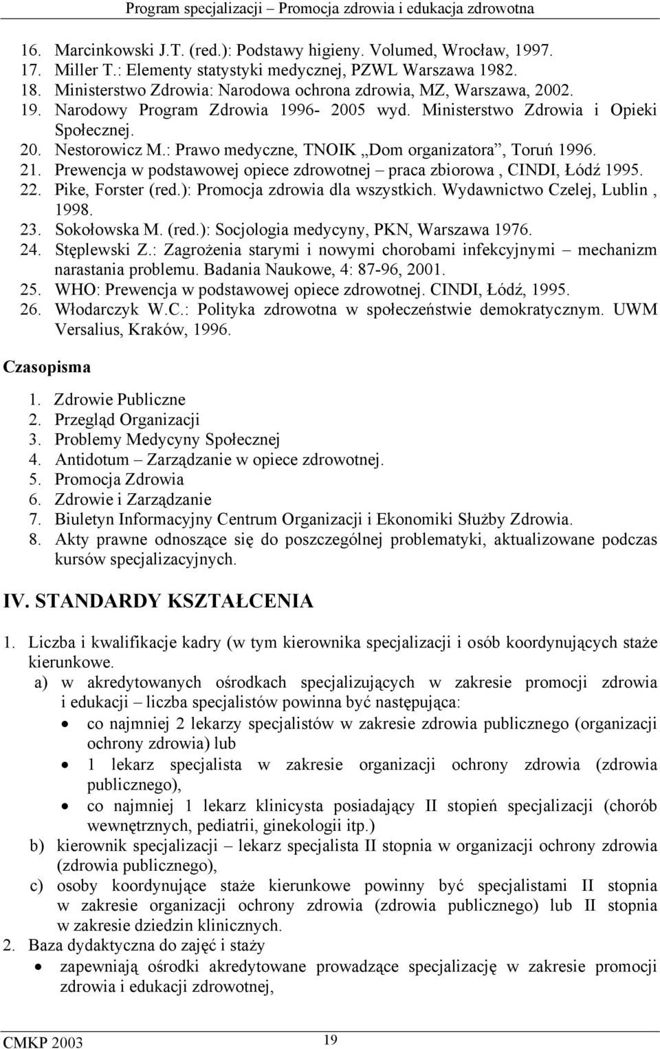 : Prawo medyczne, TNOIK Dom organizatora, Toruń 1996. 21. Prewencja w podstawowej opiece zdrowotnej praca zbiorowa, CINDI, Łódź 1995. 22. Pike, Forster (red.): Promocja zdrowia dla wszystkich.