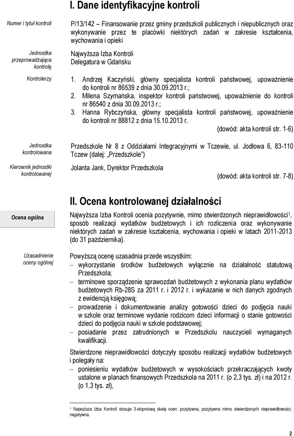 Andrzej Kaczyński, główny specjalista kontroli państwowej, upoważnienie do kontroli nr 86539 z dnia 30.09.2013 r.; 2.