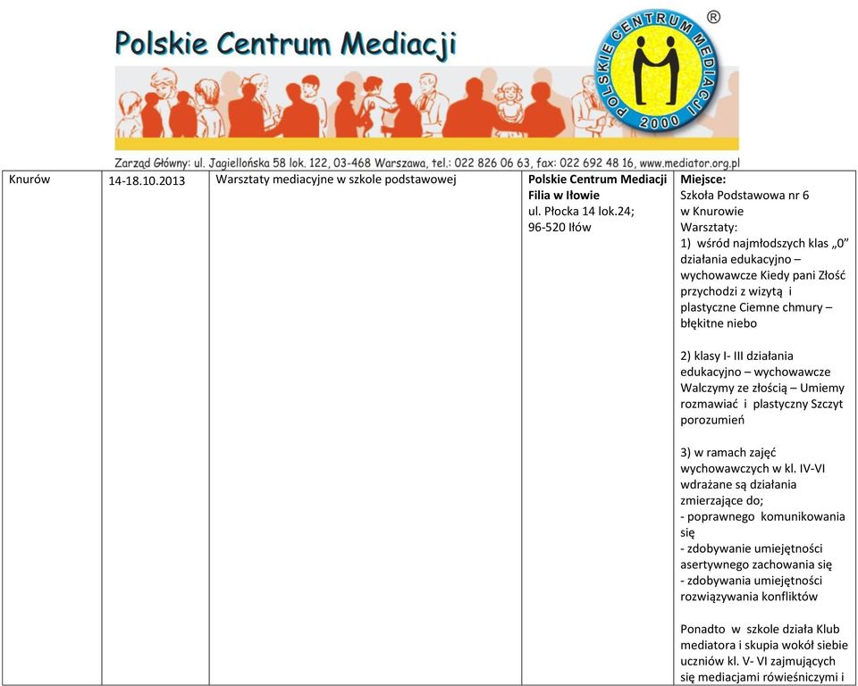 chmury błękitne niebo 2) klasy I- III działania edukacyjno wychowawcze Walczymy ze złością Umiemy rozmawiać i plastyczny Szczyt porozumień 3) w ramach zajęć wychowawczych w kl.