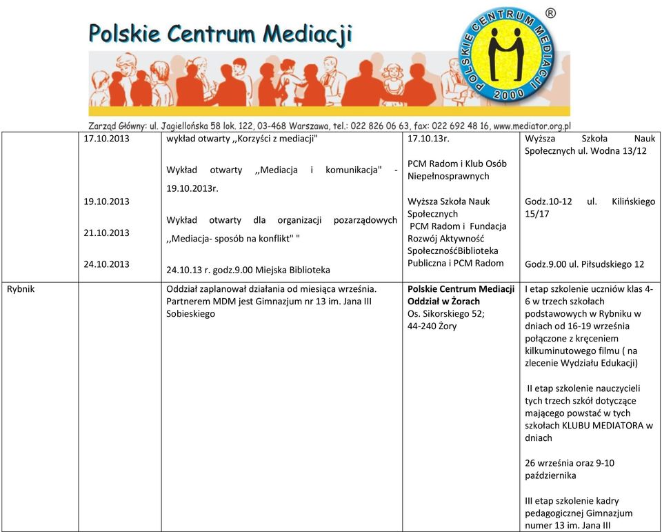 PCM Radom i Klub Osób Niepełnosprawnych Wyższa Szkoła Nauk Społecznych PCM Radom i Fundacja Rozwój Aktywność SpołecznośćBiblioteka Publiczna i PCM Radom Wyższa Szkoła Nauk Społecznych ul.