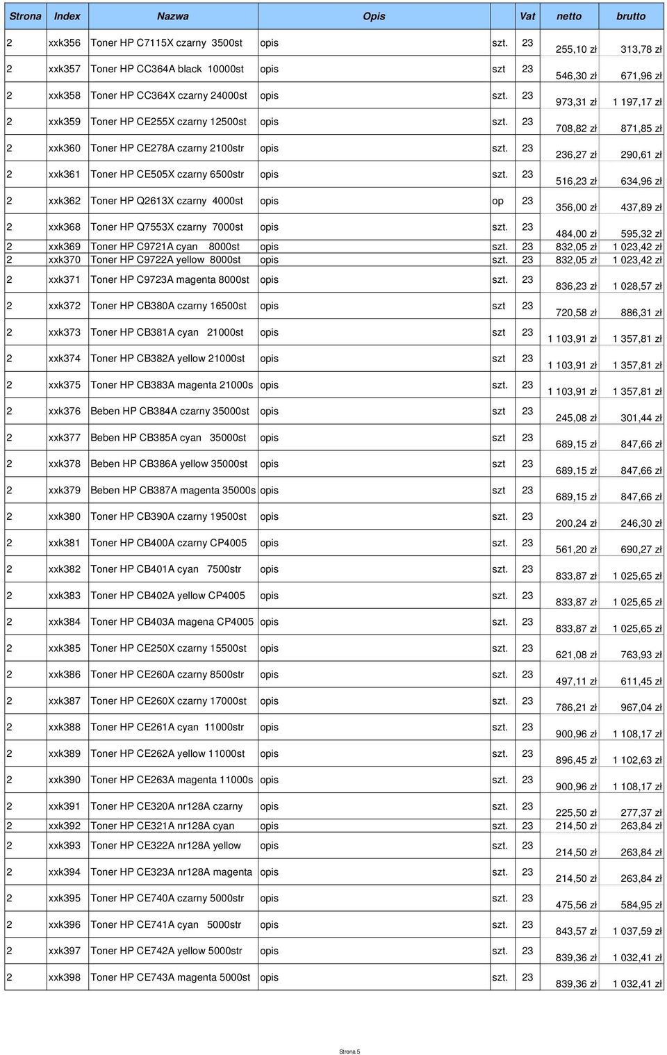 zł 236,27 zł 290,61 zł 516,23 zł 634,96 zł 356,00 zł 437,89 zł 2 xxk368 Toner HP Q7553X czarny 7000st opis 484,00 zł 595,32 zł 2 xxk369 Toner HP C9721A cyan 8000st opis 832,05 zł 1 023,42 zł 2 xxk370