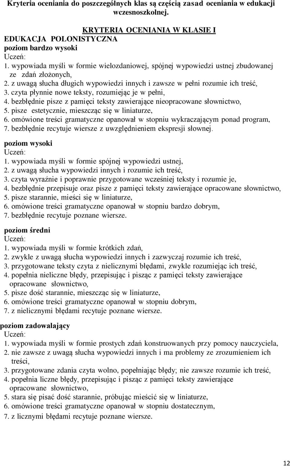 czyta płynnie nowe teksty, rozumiejąc je w pełni, 4. bezbłędnie pisze z pamięci teksty zawierające nieopracowane słownictwo, 5. pisze estetycznie, mieszcząc się w liniaturze, 6.