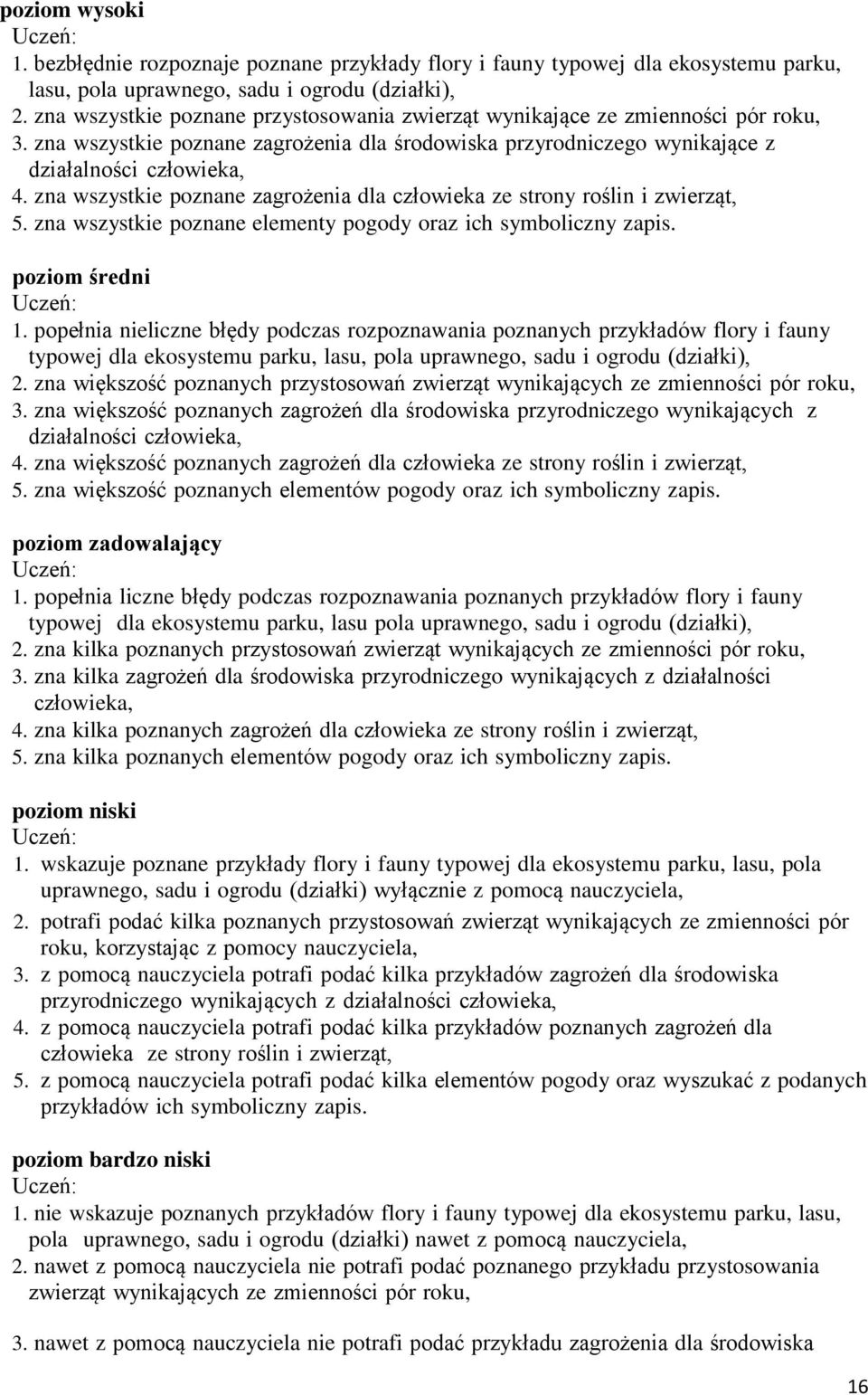 zna wszystkie poznane zagrożenia dla człowieka ze strony roślin i zwierząt, 5. zna wszystkie poznane elementy pogody oraz ich symboliczny zapis. poziom średni 1.