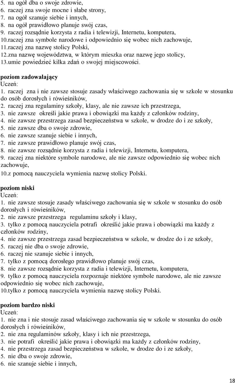 zna nazwę województwa, w którym mieszka oraz nazwę jego stolicy, 13. umie powiedzieć kilka zdań o swojej miejscowości. poziom zadowalający 1.