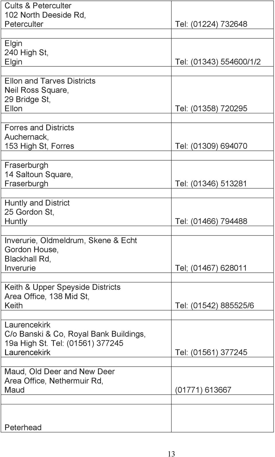 (01466) 794488 Inverurie, Oldmeldrum, Skene & Echt Gordon House, Blackhall Rd, Inverurie Tel; (01467) 628011 Keith & Upper Speyside Districts Area Office, 138 Mid St, Keith Tel: (01542) 885525/6