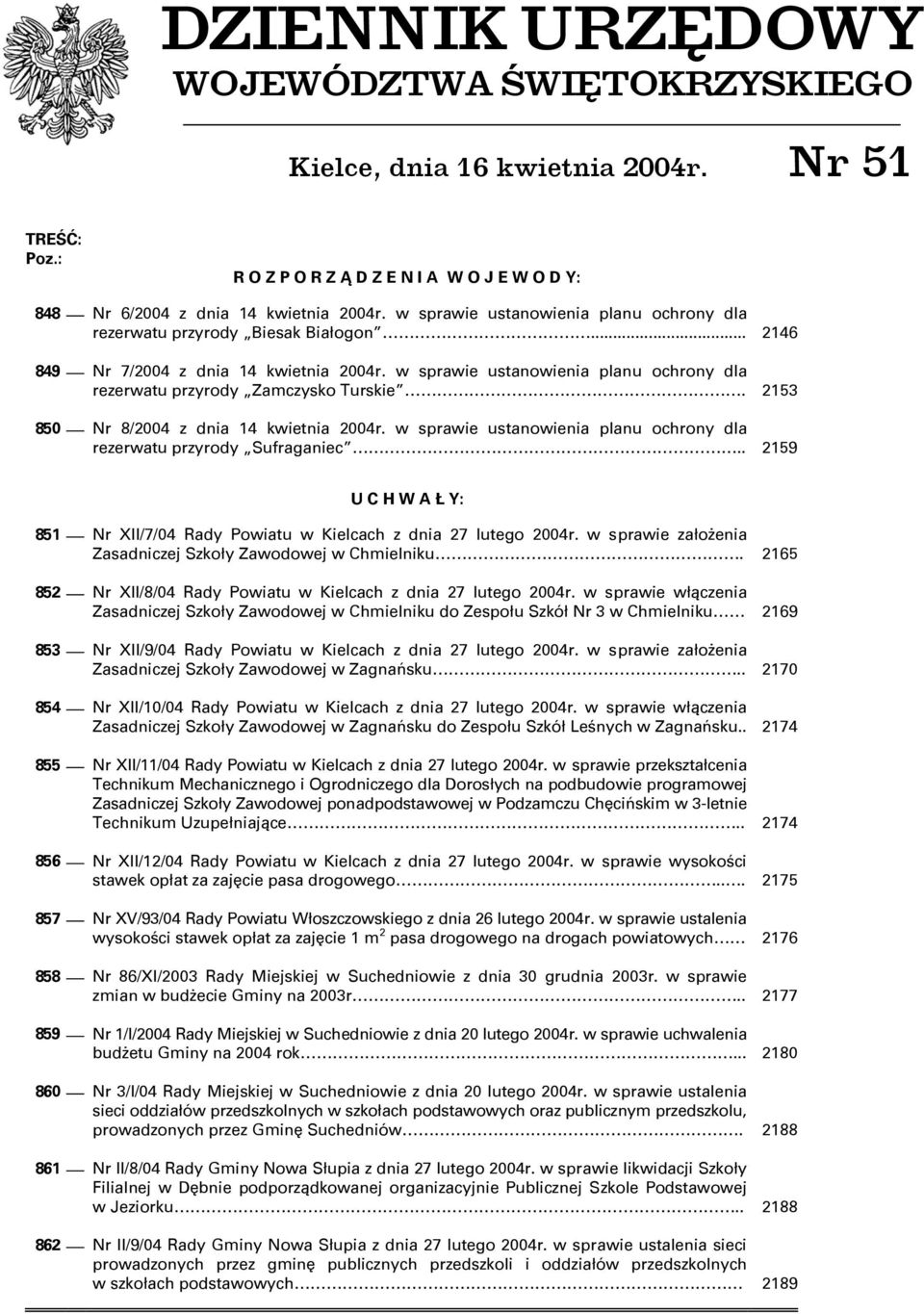 w sprawie ustanowienia planu ochrony dla rezerwatu przyrody Zamczysko Turskie. 2153 850 Nr 8/2004 z dnia 14 kwietnia 2004r. w sprawie ustanowienia planu ochrony dla rezerwatu przyrody Sufraganiec.