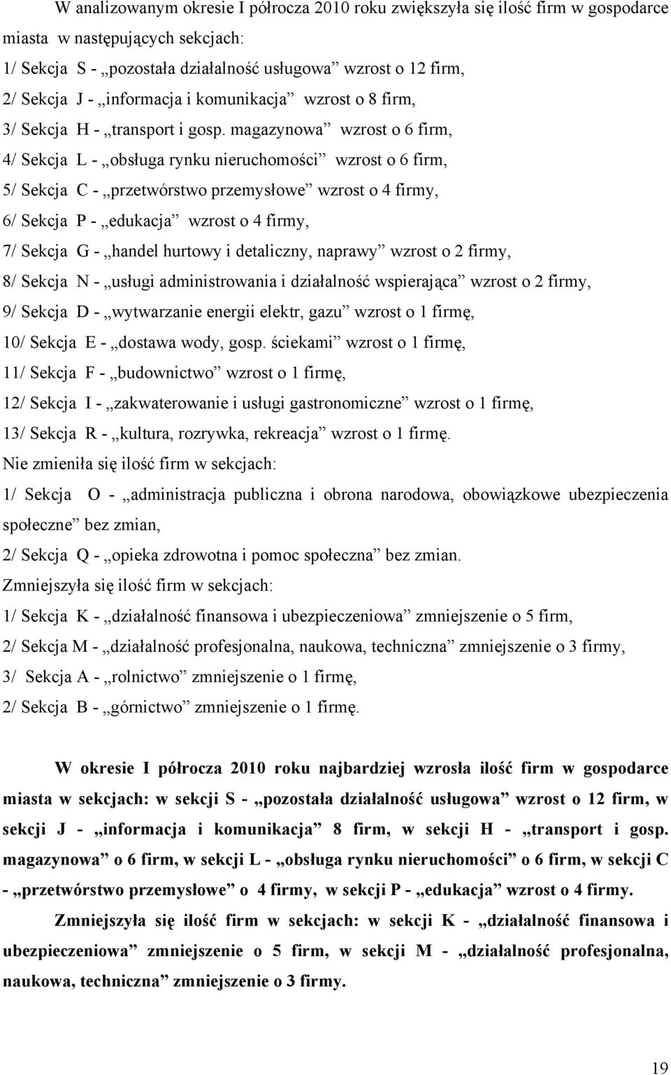 magazynowa wzrost o 6 firm, 4/ Sekcja L - obsługa rynku nieruchomości wzrost o 6 firm, 5/ Sekcja C - przetwórstwo przemysłowe wzrost o 4 firmy, 6/ Sekcja P - edukacja wzrost o 4 firmy, 7/ Sekcja G -