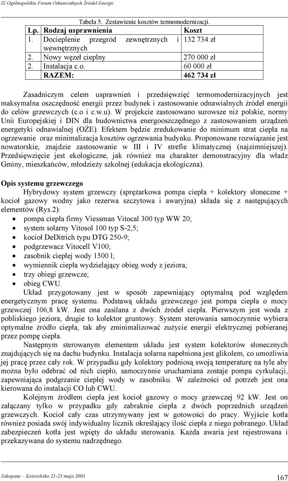 odernizacji. Lp. Rodzaj usprawnienia Koszt 1. Docieplenie przegród zewnętrznych i 132 734 zł wewnętrznych 2. Nowy węzeł cieplny 270 000 zł 2. Instalacja c.o. 60 000 zł RAZEM: 462 734 zł Zasadniczym