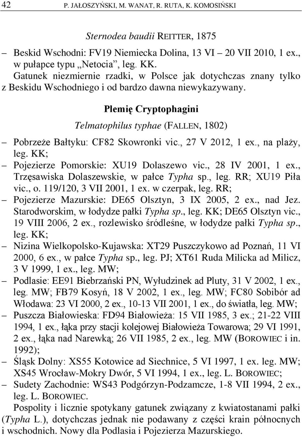 Plemię Cryptophagini Telmatophilus typhae (FALLEN, 1802) Pobrzeże Bałtyku: CF82 Skowronki vic., 27 V 2012, 1 ex., na plaży, leg. KK; Pojezierze Pomorskie: XU19 Dolaszewo vic., 28 IV 2001, 1 ex.