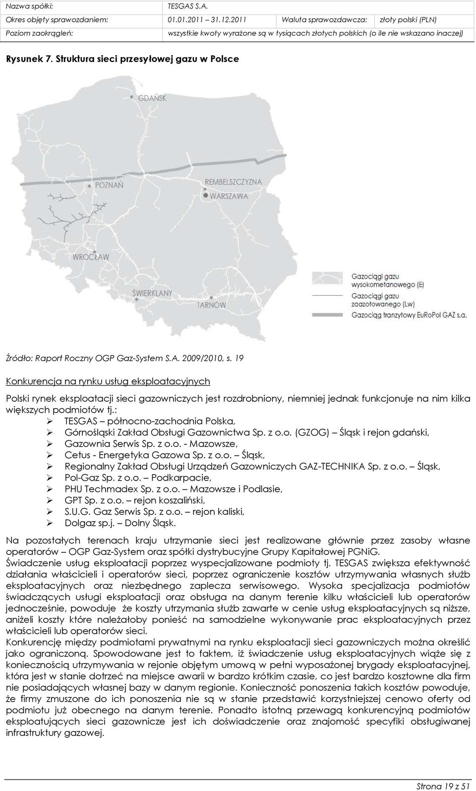 : TESGAS północno-zachodnia Polska, Górnośląski Zakład Obsługi Gazownictwa Sp. z o.o. (GZOG) Śląsk i rejon gdański, Gazownia Serwis Sp. z o.o. - Mazowsze, Cetus - Energetyka Gazowa Sp. z o.o. Śląsk, Regionalny Zakład Obsługi Urządzeń Gazowniczych GAZ-TECHNIKA Sp.