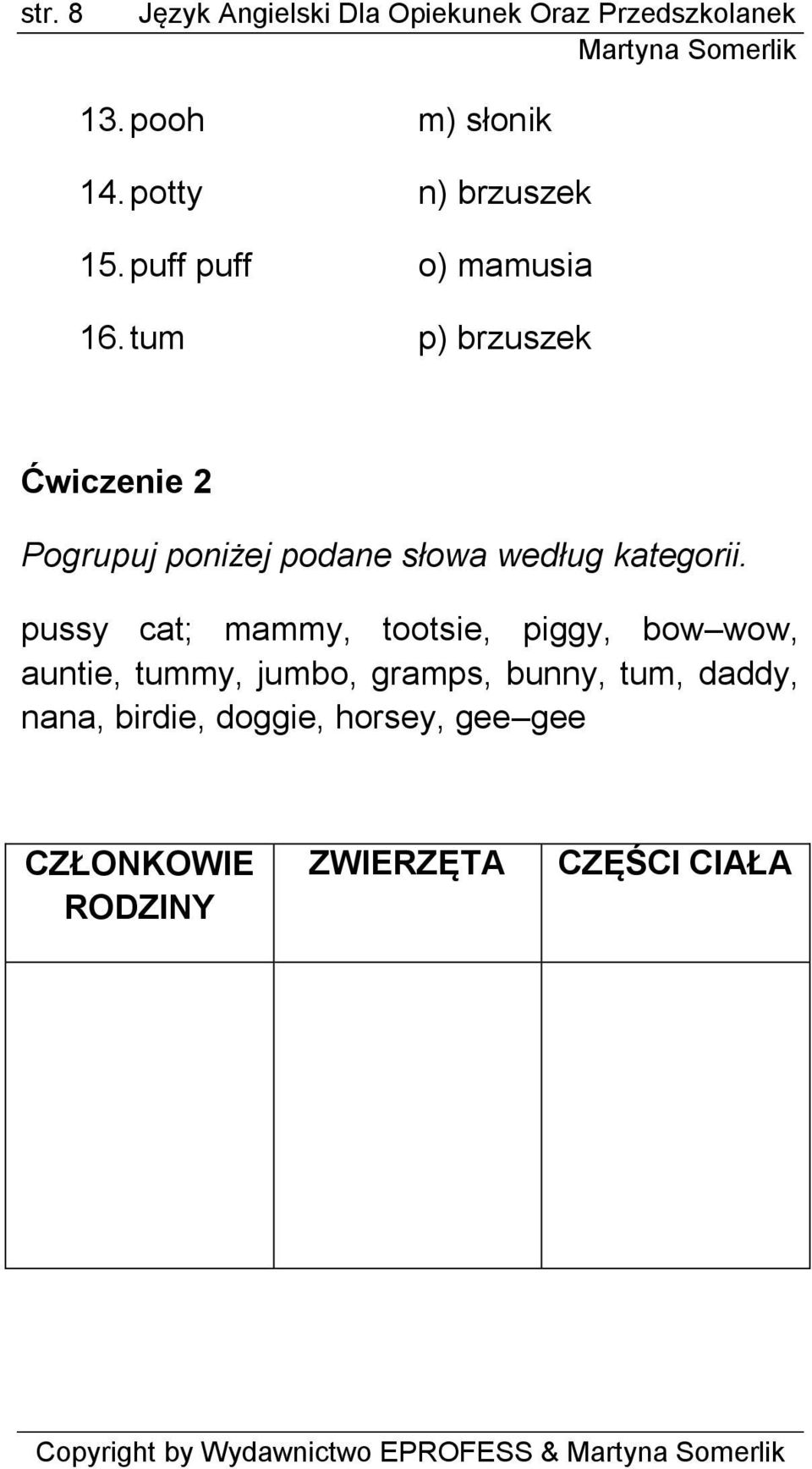 pussy cat; mammy, tootsie, piggy, bow wow, auntie, tummy, jumbo, gramps, bunny, tum, daddy, nana,