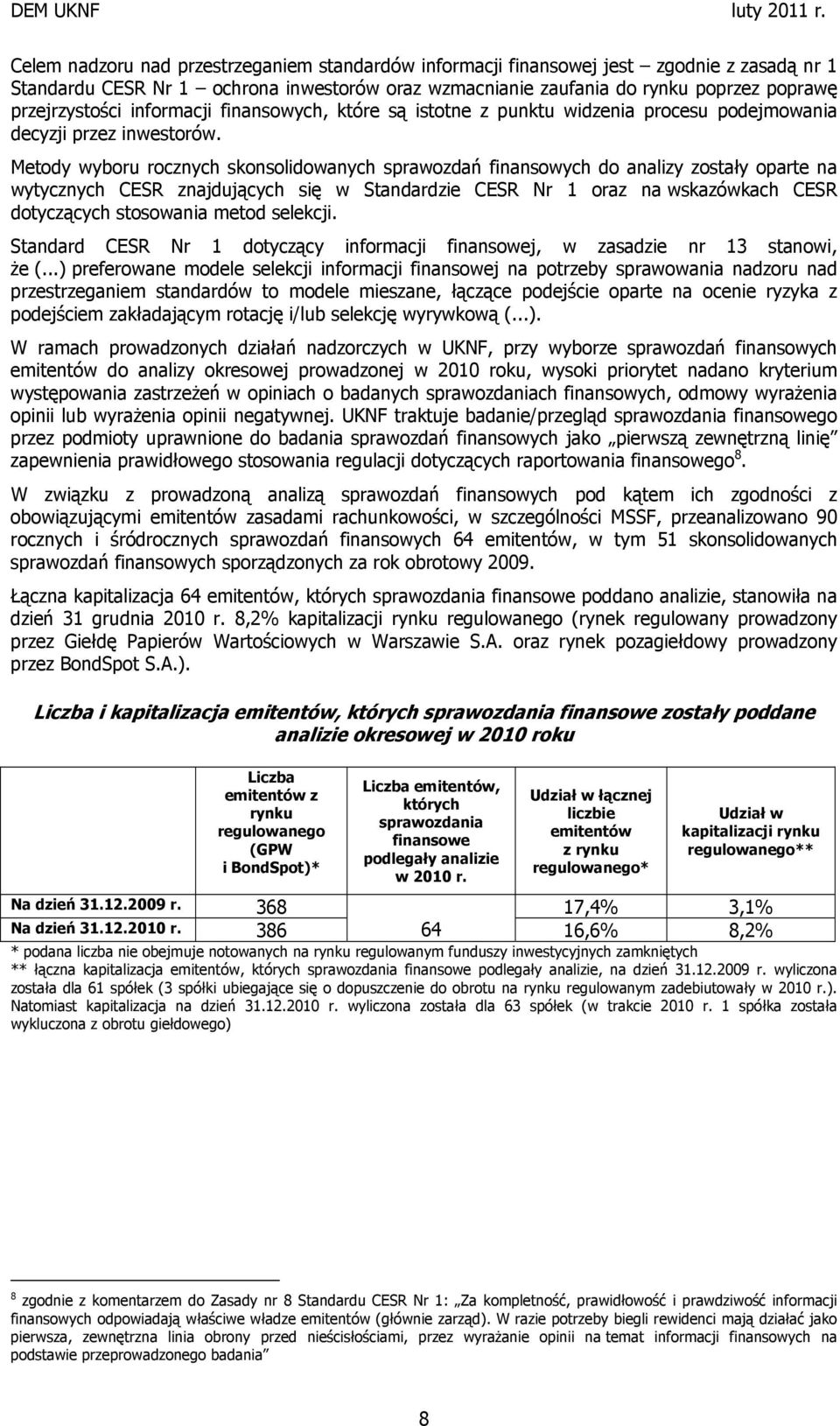 Metody wyboru rocznych skonsolidowanych sprawozdań finansowych do analizy zostały oparte na wytycznych CESR znajdujących się w Standardzie CESR Nr 1 oraz na wskazówkach CESR dotyczących stosowania