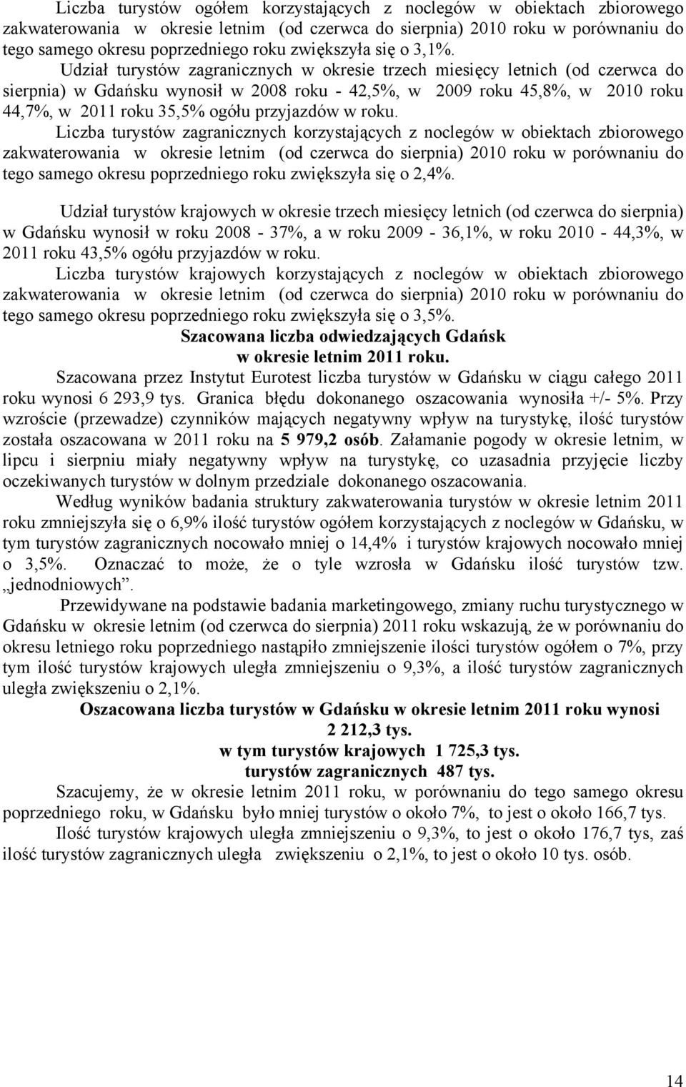 Udział turystów zagranicznych w okresie trzech miesięcy letnich (od czerwca do sierpnia) w Gdańsku wynosił w 2008 roku - 42,5%, w 2009 roku 45,8%, w 2010 roku 44,7%, w 2011 roku 35,5% ogółu