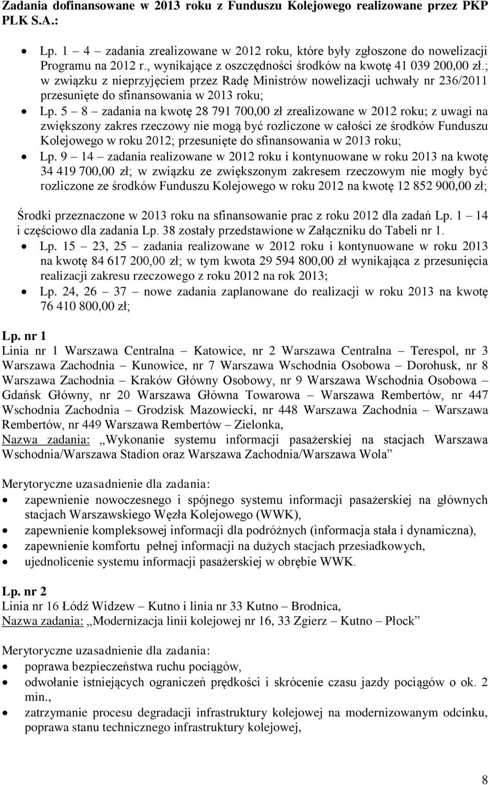 5 8 zadania na kwotę 28 791 700,00 zł zrealizowane w 2012 roku; z uwagi na zwiększony zakres rzeczowy nie mogą być rozliczone w całości ze środków Funduszu Kolejowego w roku 2012; przesunięte do