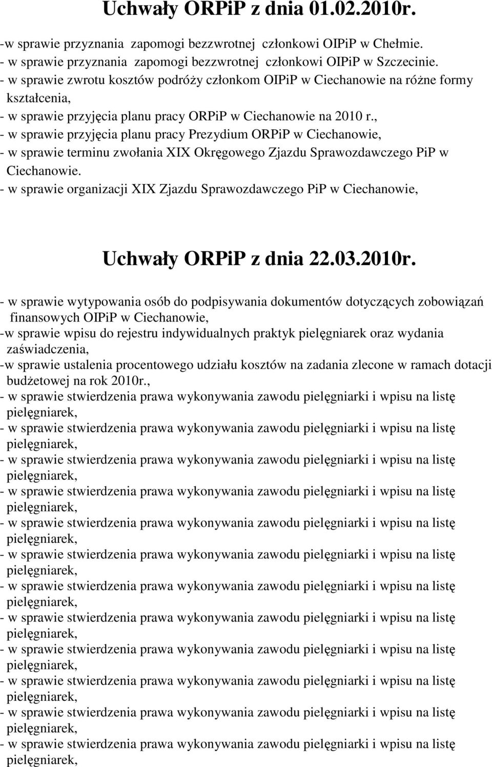 , - w sprawie przyjęcia planu pracy Prezydium ORPiP - w sprawie terminu zwołania XIX Okręgowego Zjazdu Sprawozdawczego PiP w Ciechanowie.