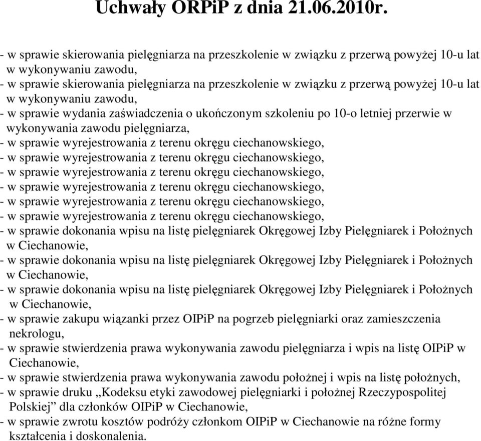 wydania zaświadczenia o ukończonym szkoleniu po 10-o letniej przerwie w wykonywania zawodu pielęgniarza, - w sprawie zakupu wiązanki przez OIPiP na pogrzeb pielęgniarki oraz zamieszczenia nekrologu,