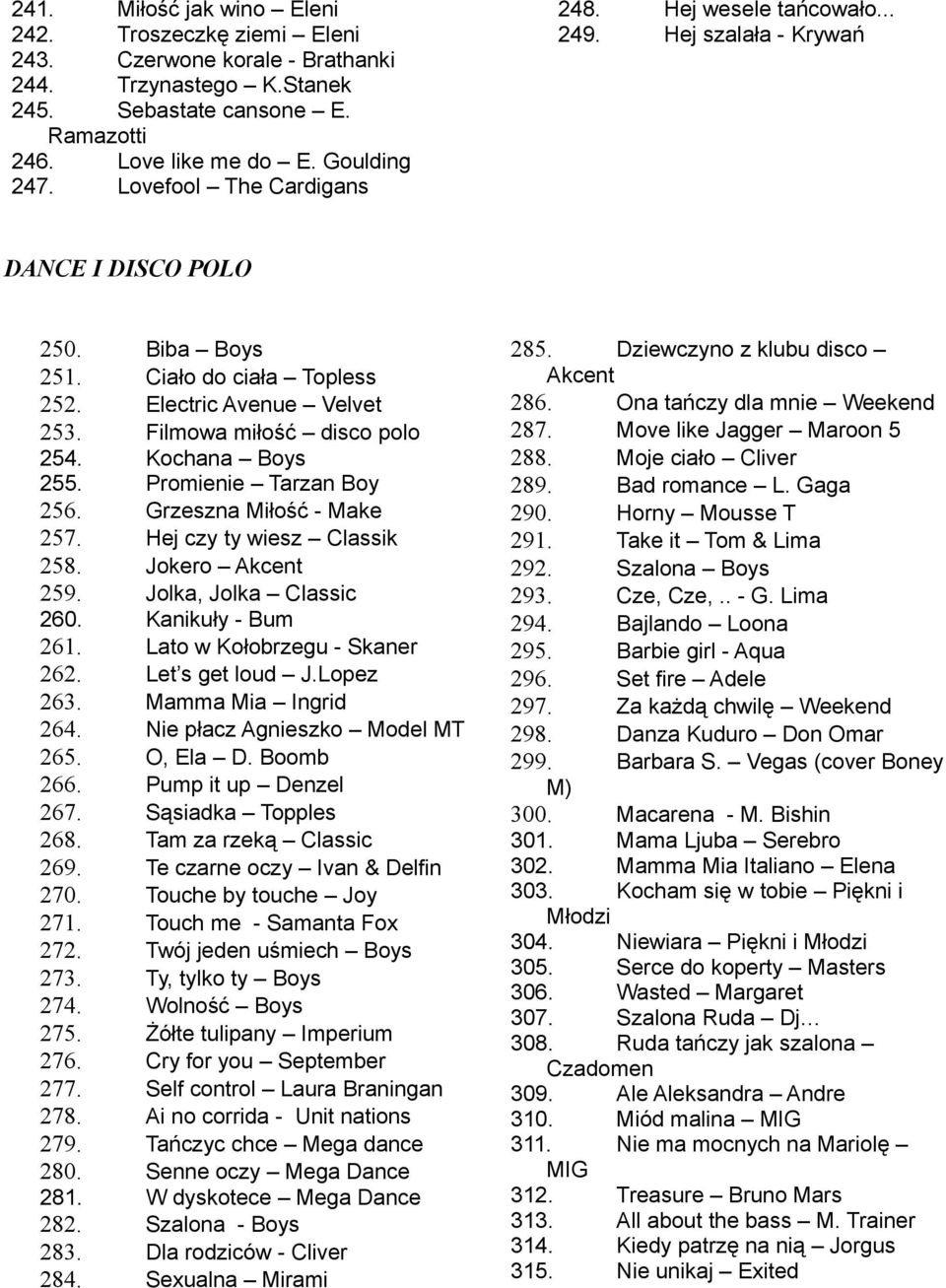 Filmowa miłość disco polo 254. Kochana Boys 255. Promienie Tarzan Boy 256. Grzeszna Miłość - Make 257. Hej czy ty wiesz Classik 258. Jokero Akcent 259. Jolka, Jolka Classic 260. Kanikuły - Bum 261.