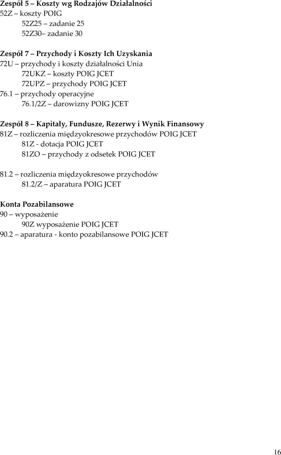 1/2Z darowizny POIG JCET Zespół 8 Kapitały, Fundusze, Rezerwy i Wynik Finansowy 81Z rozliczenia międzyokresowe przychodów POIG JCET 81Z dotacja POIG JCET