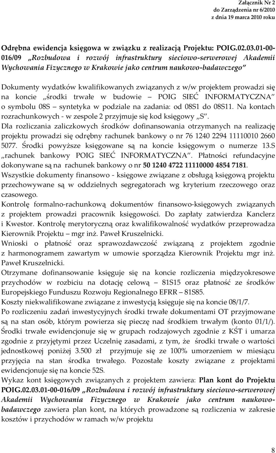 projektem prowadzi się na koncie środki trwałe w budowie POIG SIEĆ INFORMATYCZNA o symbolu 08S syntetyka w podziale na zadania: od 08S1 do 08S11.