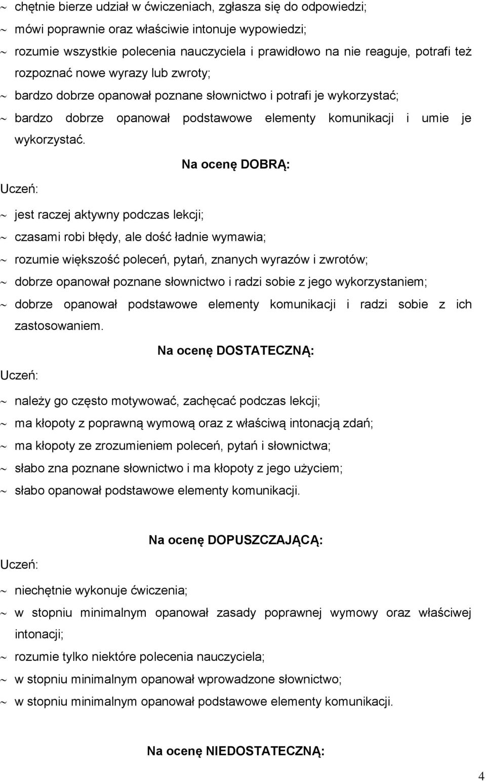 Na ocenę DOBRĄ: jest raczej aktywny podczas lekcji; czasami robi błędy, ale dość ładnie wymawia; rozumie większość poleceń, pytań, znanych wyrazów i zwrotów; dobrze opanował poznane słownictwo i