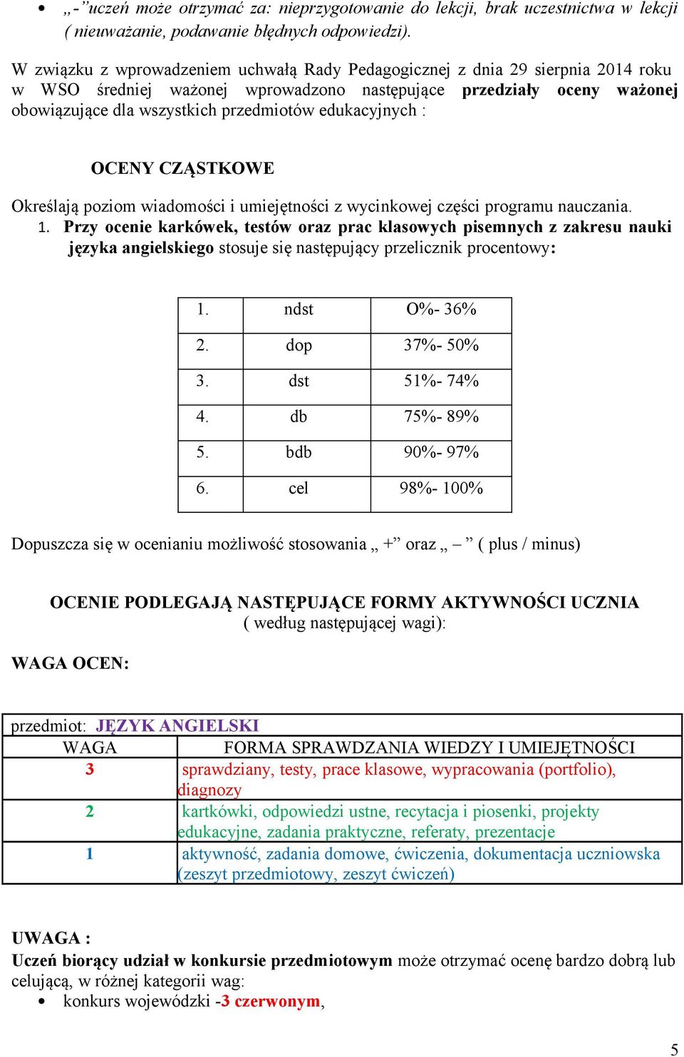 edukacyjnych : OCENY CZĄSTKOWE Określają poziom wiadomości i umiejętności z wycinkowej części programu nauczania. 1.