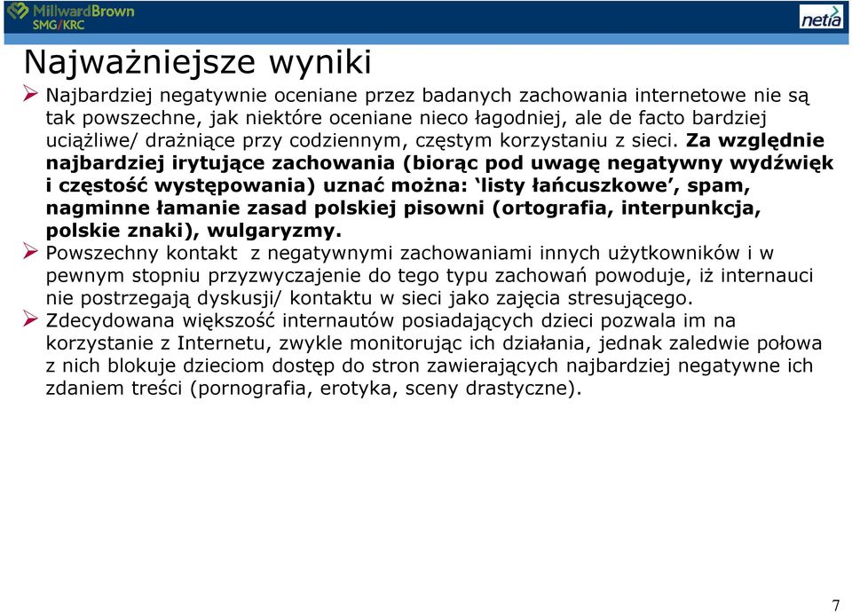 Za względnie najbardziej irytujące zachowania (biorąc pod uwagę negatywny wydźwięk i częstość występowania) uznać moŝna: listy łańcuszkowe, spam, nagminne łamanie zasad polskiej pisowni (ortografia,