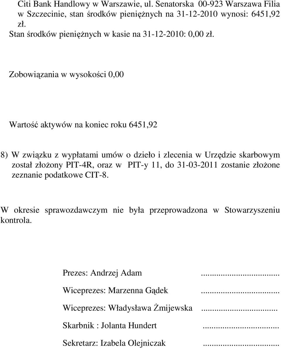 Zobowiązania w wysokości 0,00 Wartość aktywów na koniec roku 6451,92 8) W związku z wypłatami umów o dzieło i zlecenia w Urzędzie skarbowym został złożony PIT-4R,