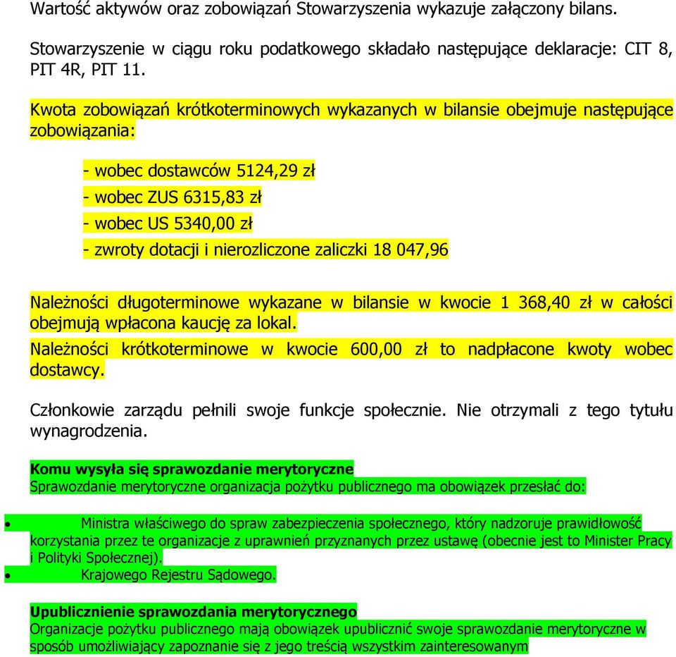 zaliczki 18 047,96 Należności długoterminowe wykazane w bilansie w kwocie 1 368,40 zł w całości obejmują wpłacona kaucję za lokal.