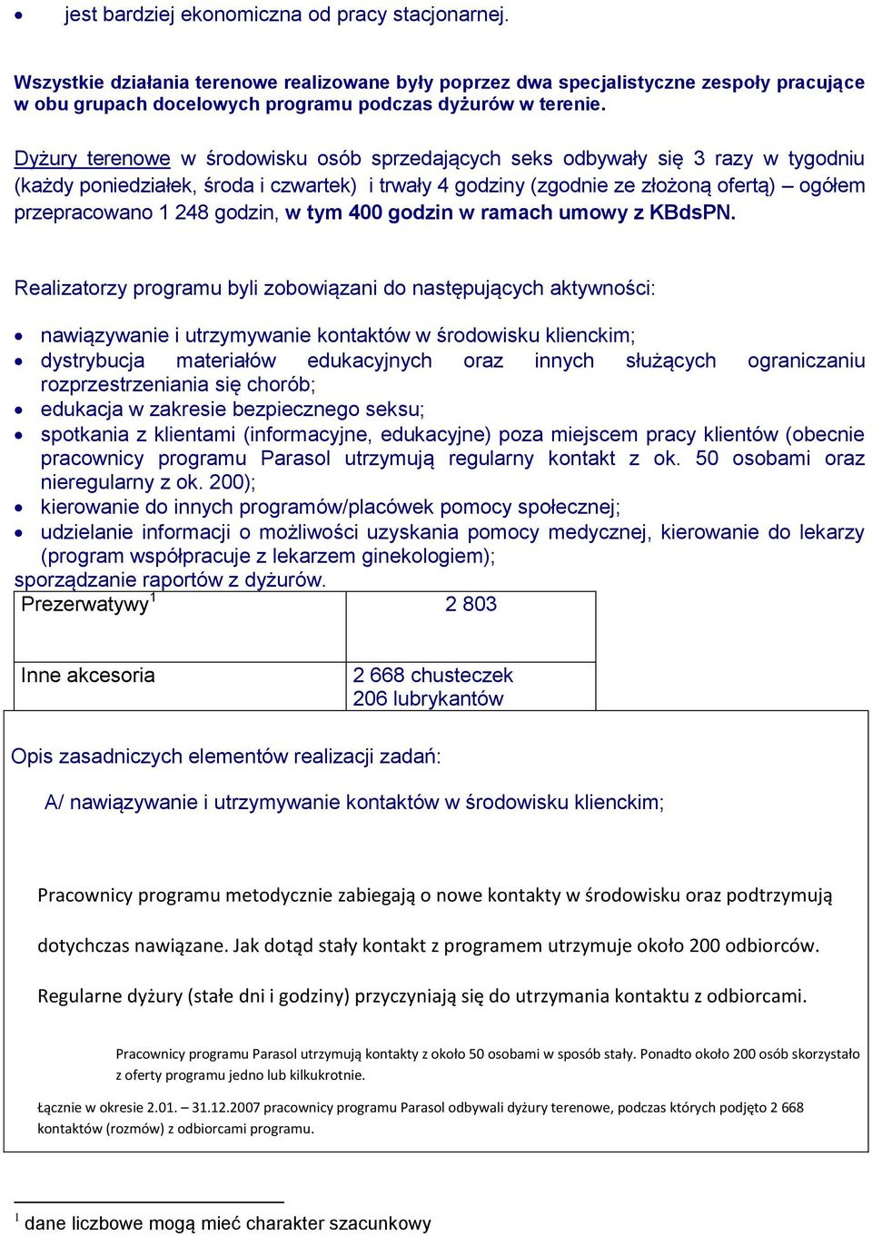 Dyżury terenowe w środowisku osób sprzedających seks odbywały się 3 razy w tygodniu (każdy poniedziałek, środa i czwartek) i trwały 4 godziny (zgodnie ze złożoną ofertą) ogółem przepracowano 1 248