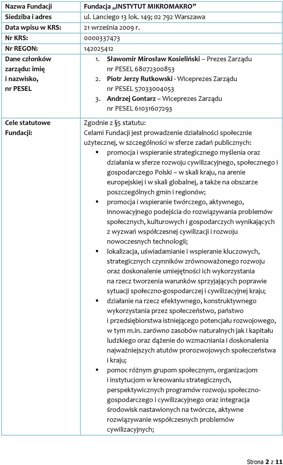 Andrzej Gontarz Wiceprezes Zarządu nr PESEL 61031607293 Cele statutowe Fundacji: Zgodnie z 5 statutu: Celami Fundacji jest prowadzenie działalności społecznie użytecznej, w szczególności w sferze